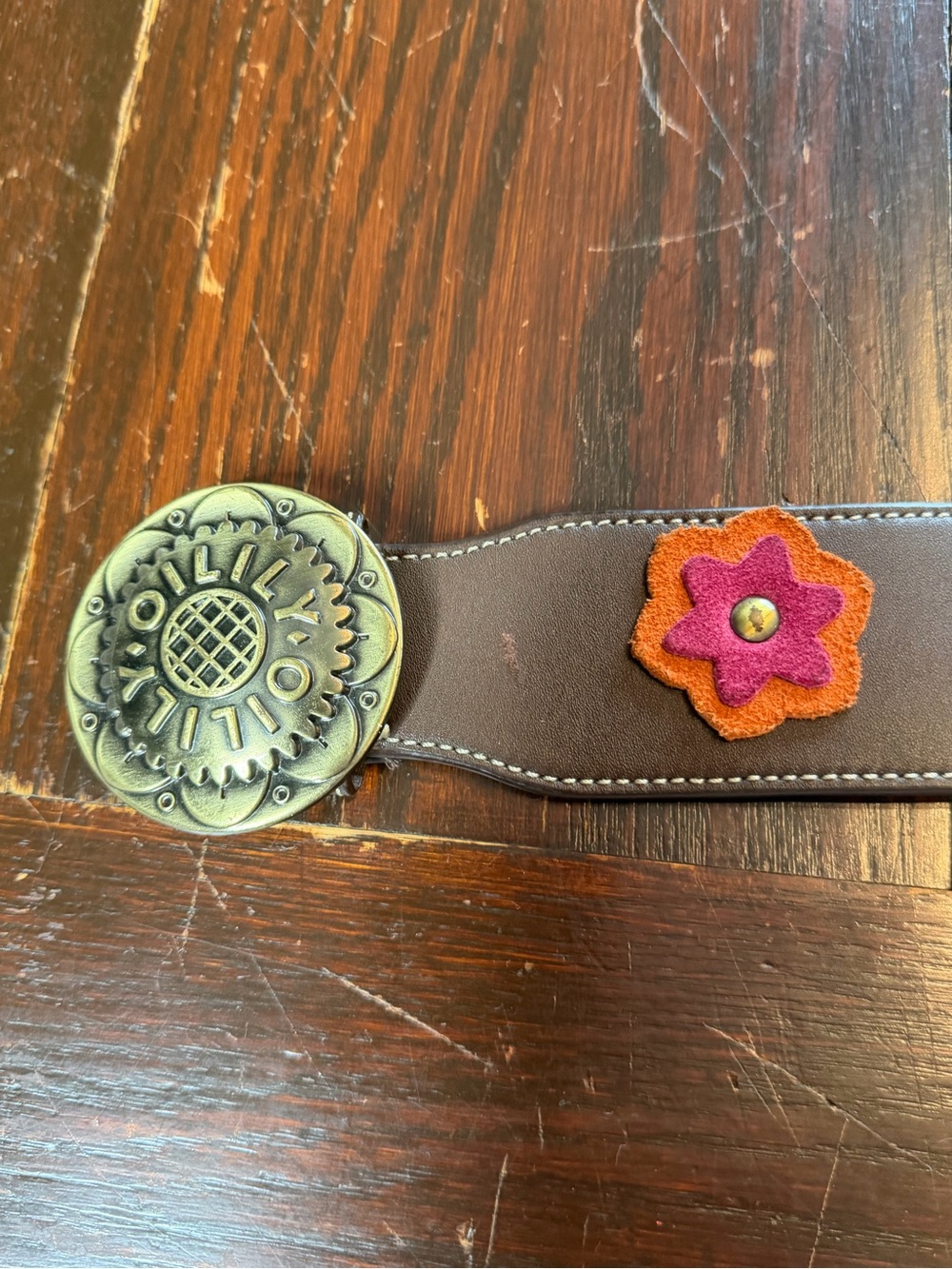 Oilily Small Brown Leather Belt with Orange & Pink Suede Flower Accents
